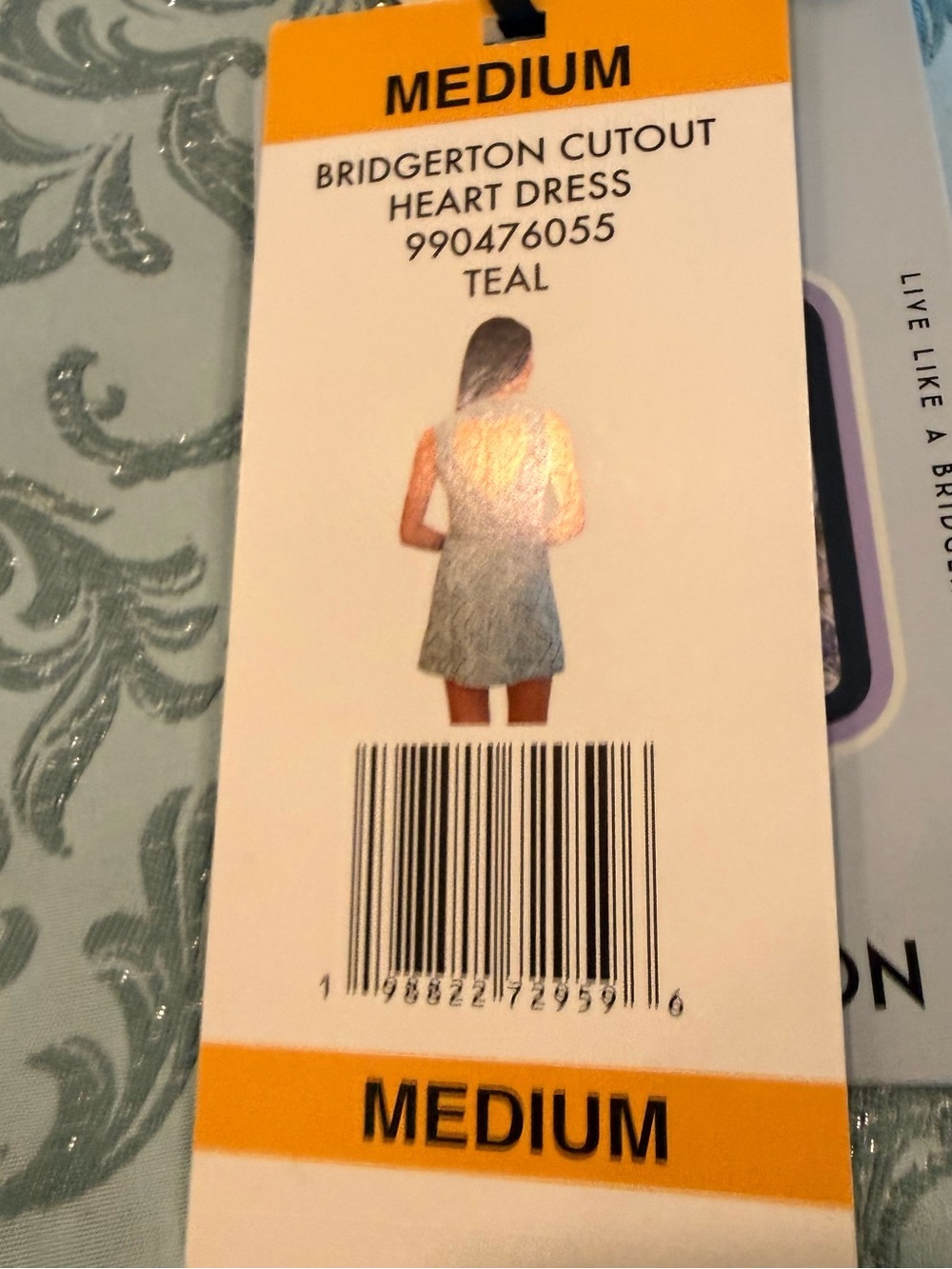 Bridgerton Cutout Heart Dress Teal Damask Pearl Back Detail Women’s M NWT - Picture 7 of 16